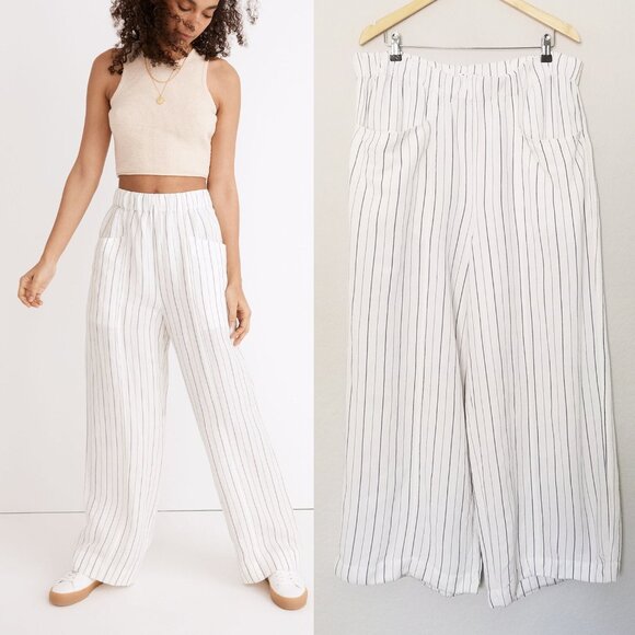Madewell Linen-Blend Pull-On High-Rise Wide-Leg Pants White Navy Stripe XXL $88 - Picture 4 of 16